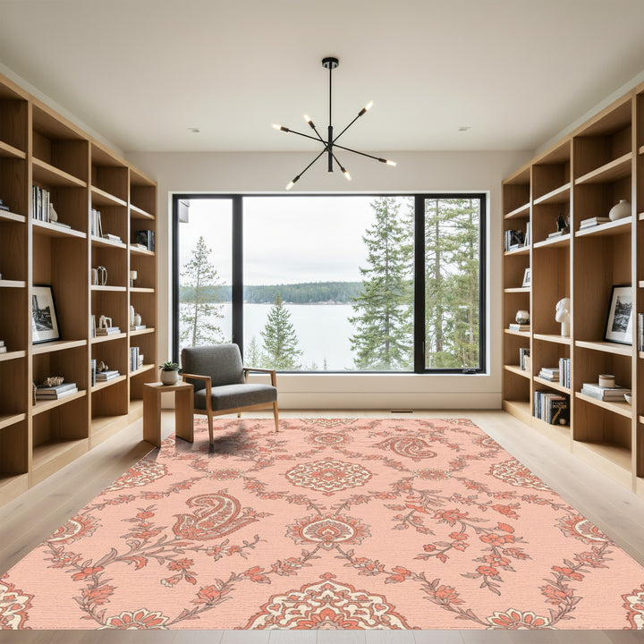 Coral Pink Paisley Garden Medallion Rug