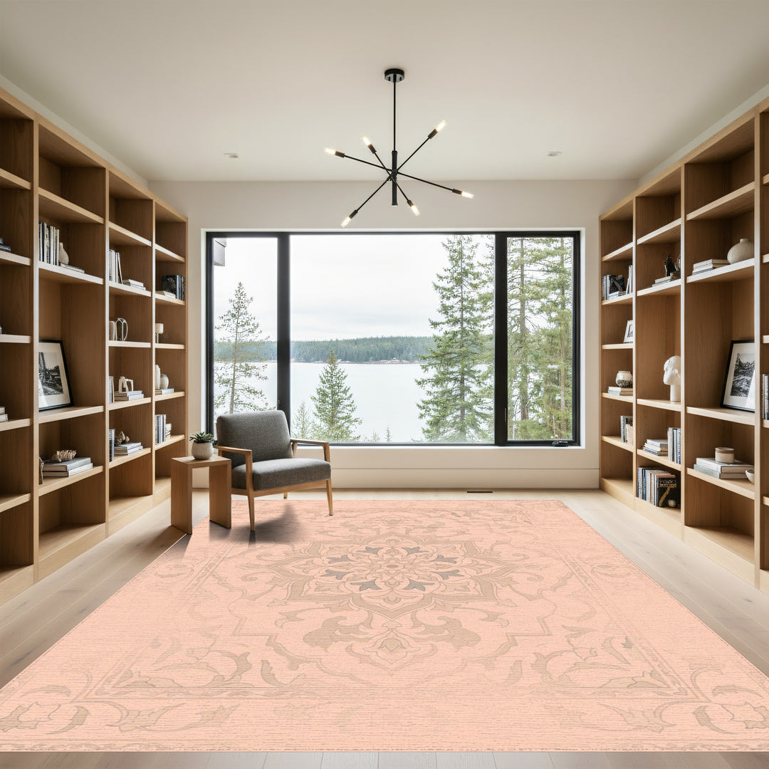 Pale Coral Floral Medallion Border Rug