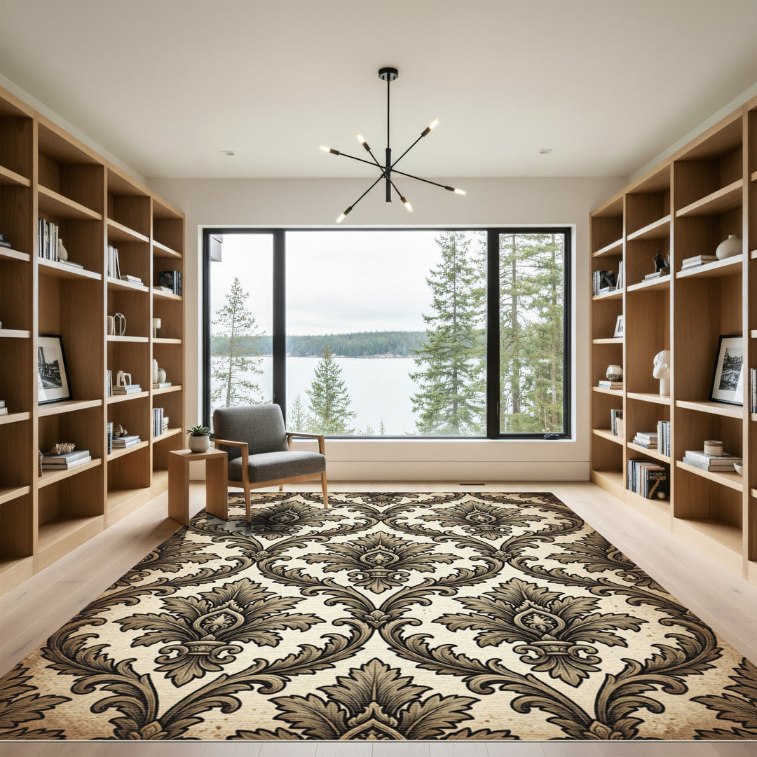 Ornate Sepia Damask Flourish Rug