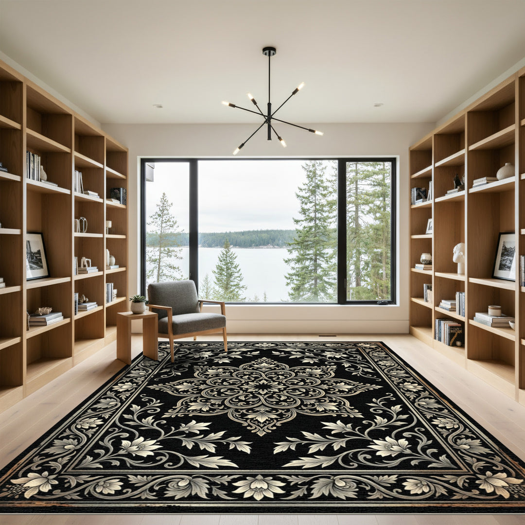 Vintage Black Floral Medallion Rug
