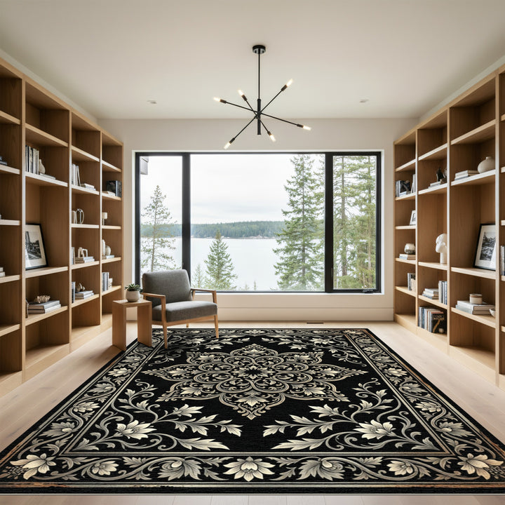 Vintage Black Floral Medallion Rug