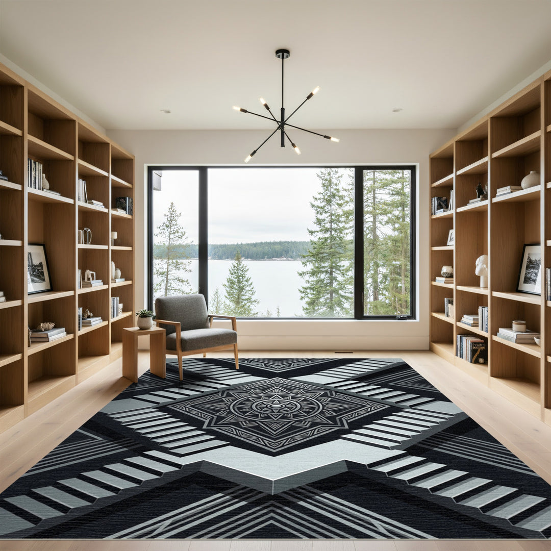 Silver Tribal Sun Geometric Stairs Rug