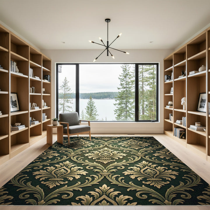 Deep Green and Gold Damask Flourish Rug