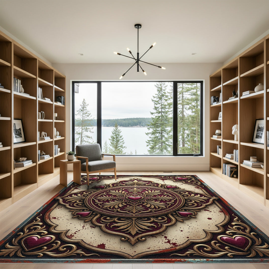 Ornate Burgundy Heart Scrollwork Rug