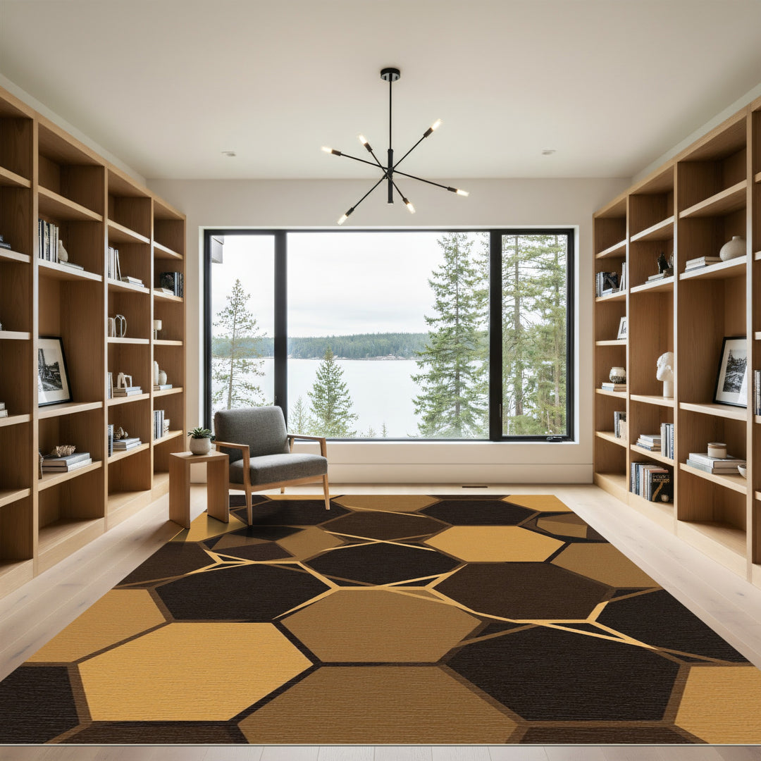Brown Gold Hexagonal Tessellation Rug