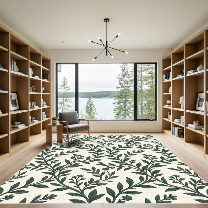 Dark Green Botanical Vine Swirl Rug