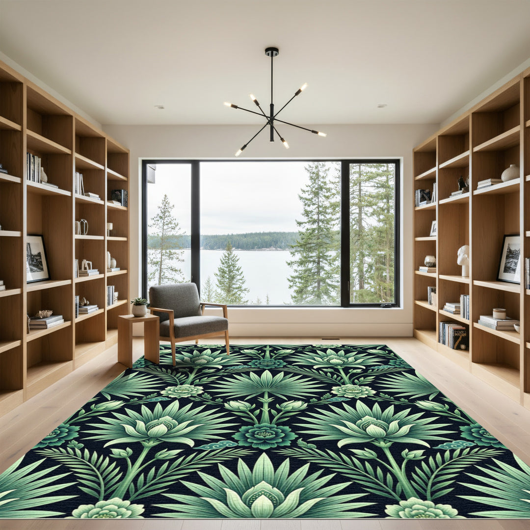Emerald Floral Lotus Leaf Arrangement Rug