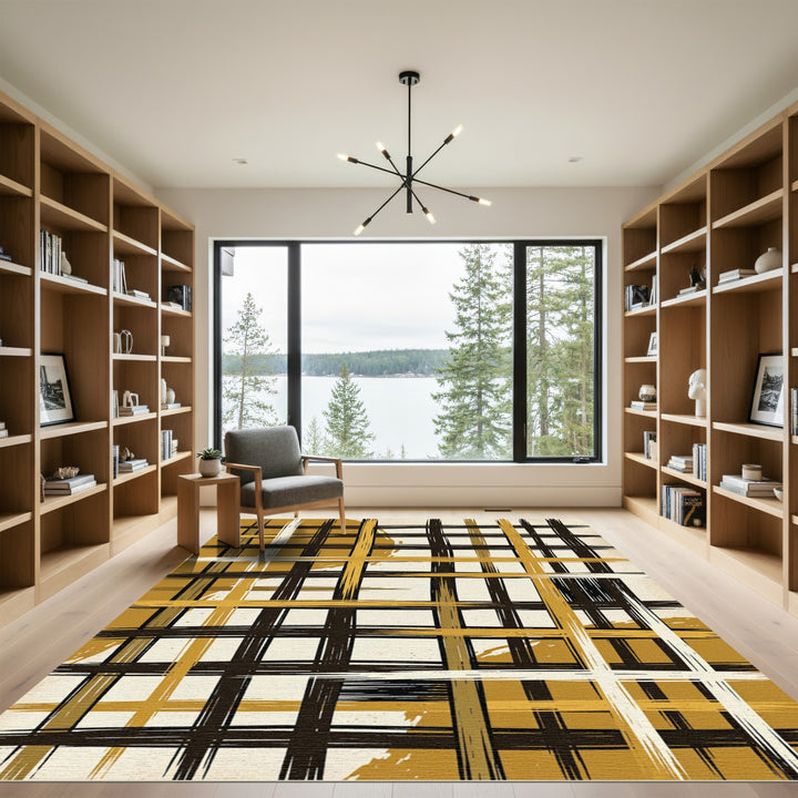 Amber Ochre Brushstroke Plaid Rug