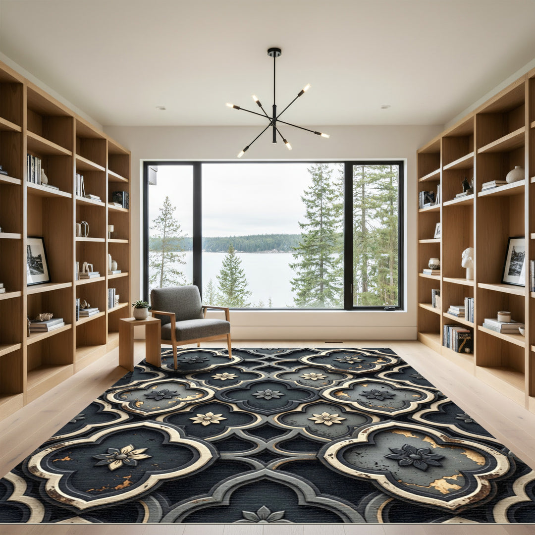 Dark Quatrefoil Floral Embossed Rug