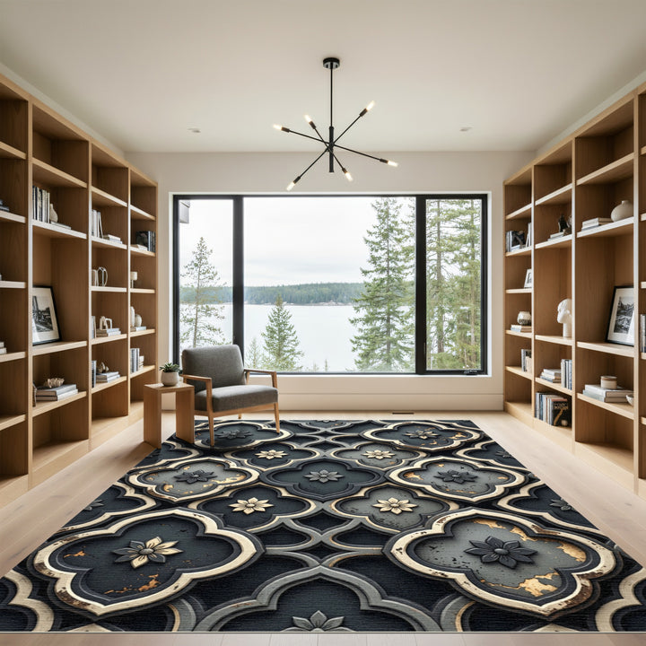 Dark Quatrefoil Floral Embossed Rug