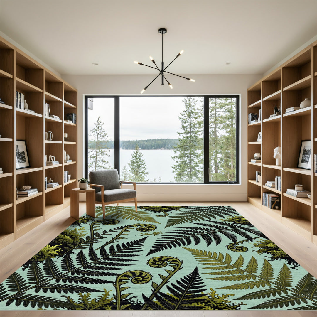 Fern Frond Foliage Teal Background Rug