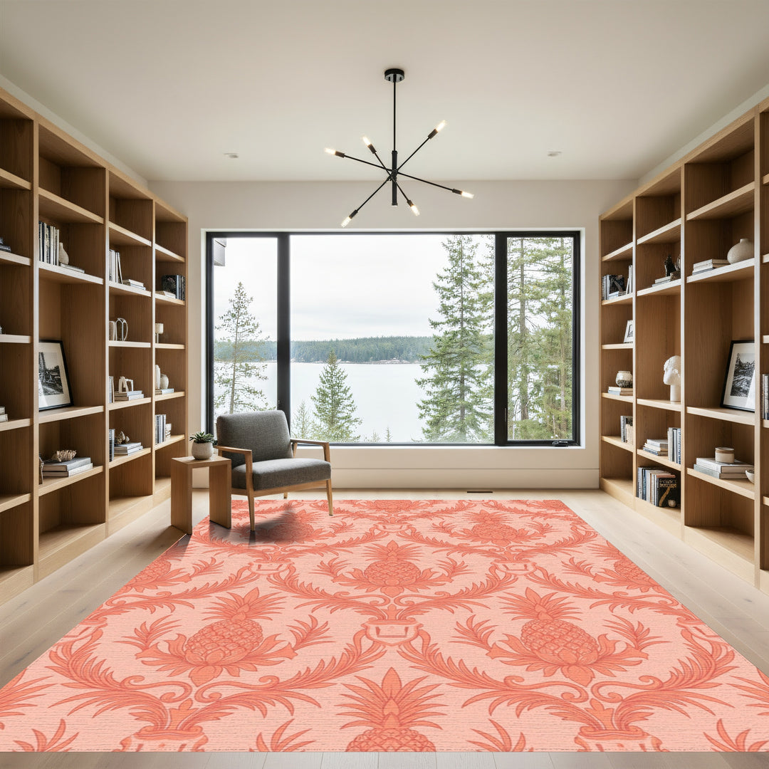 Coral Pineapple Damask Scroll Rug