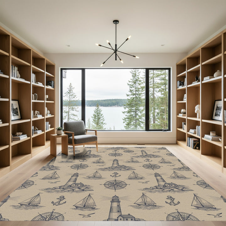 Nautical Adventure Lighthouse Sailboat Compass Rug