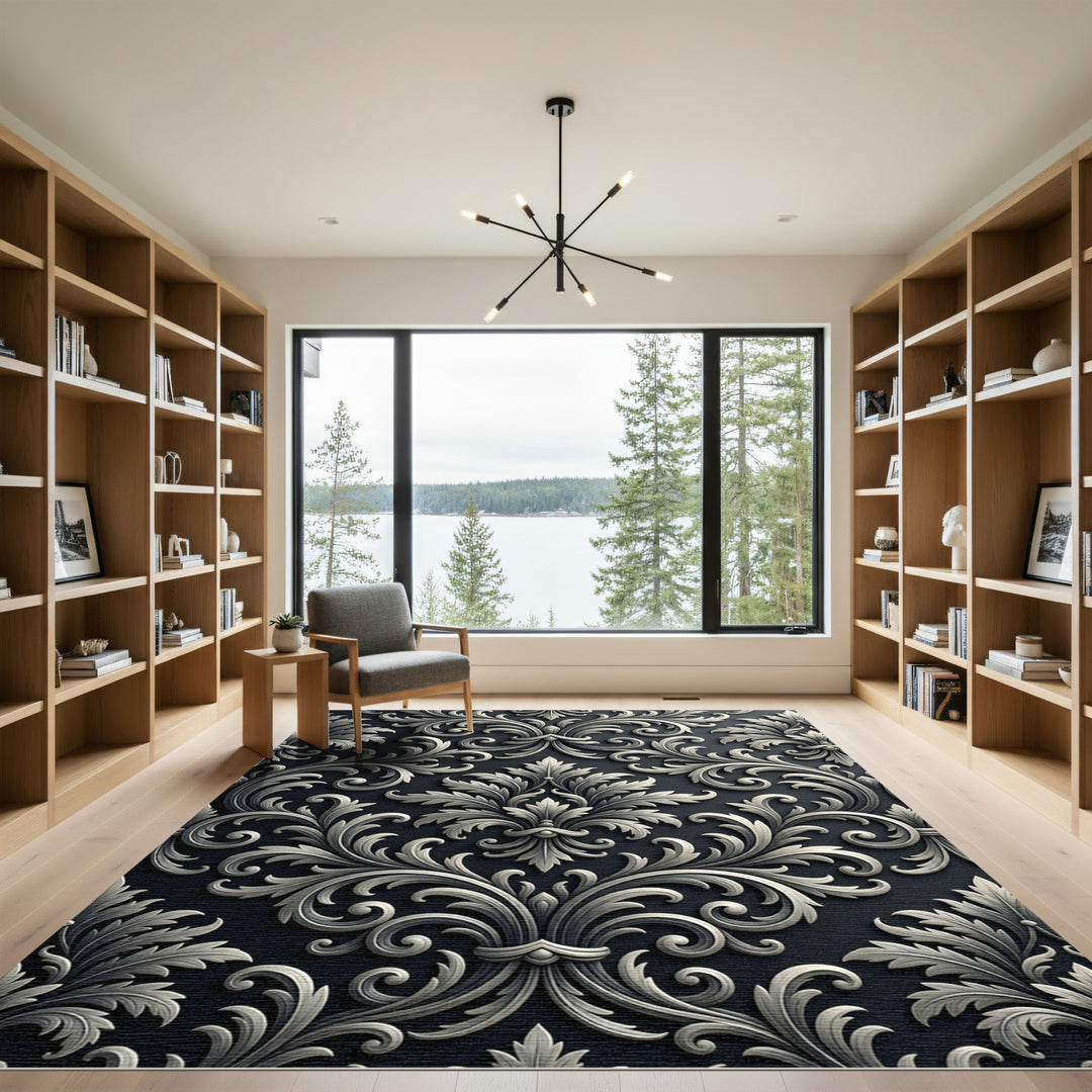 Elegant Black White Damask Rug