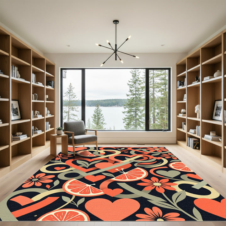 Coral Hearts Orange Citrus Floral Medley Rug