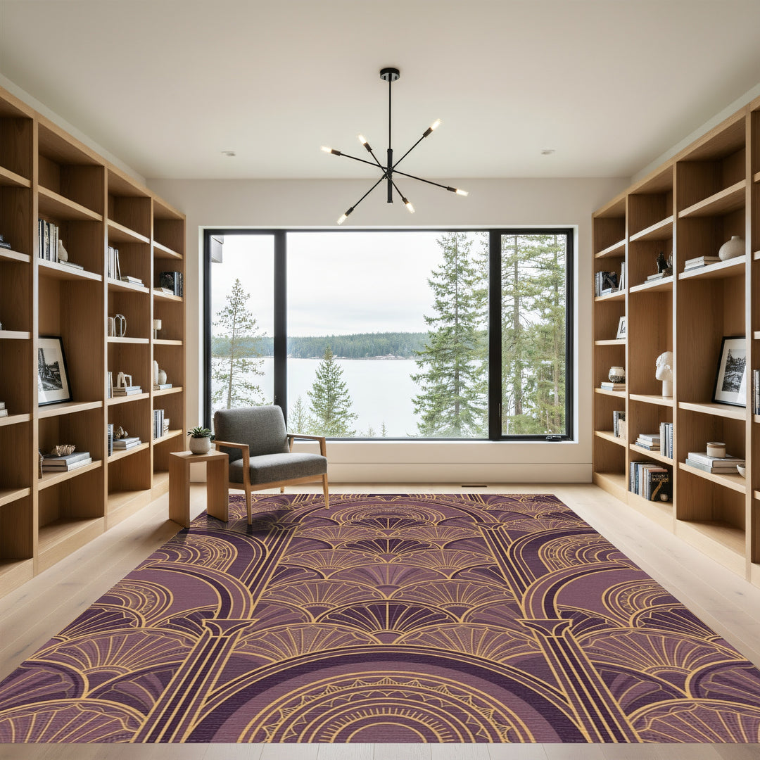 Art Deco Plum Gold Geometric Arches Rug