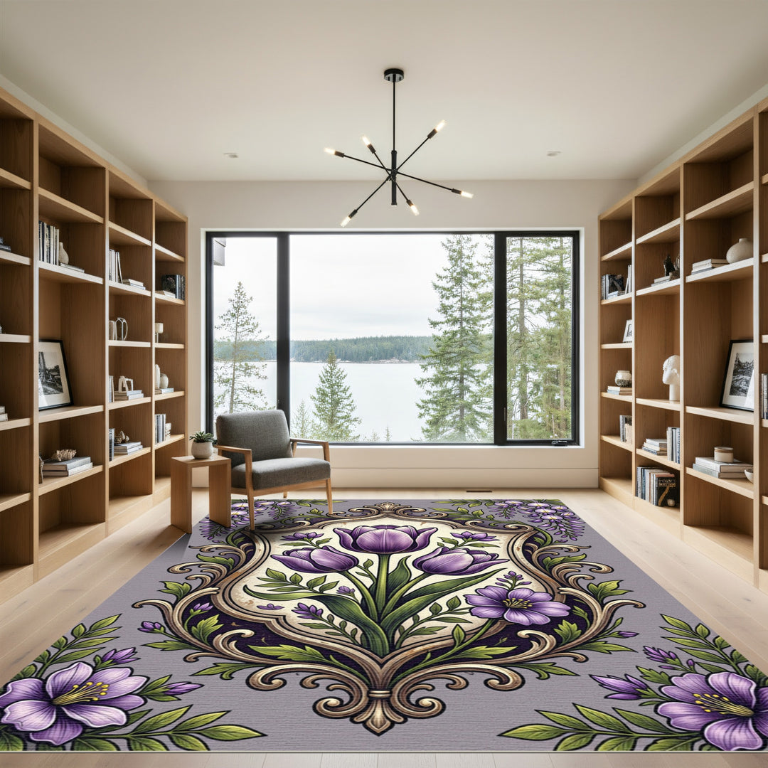 Ornate Purple Tulip Blooming Crest Rug