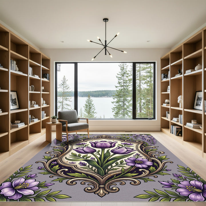 Ornate Purple Tulip Blooming Crest Rug