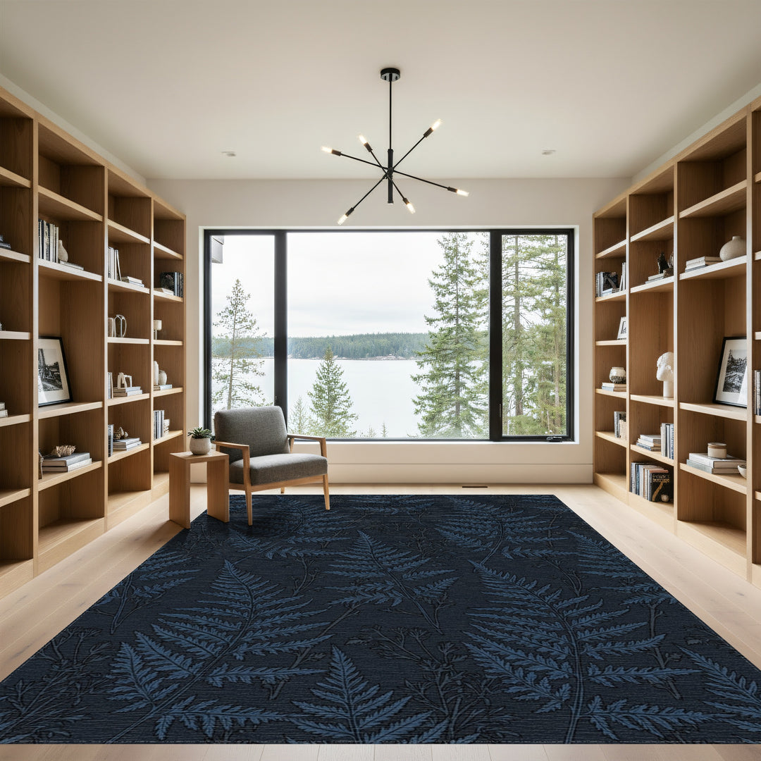 Deep Blue Fern Forest Botanical Rug