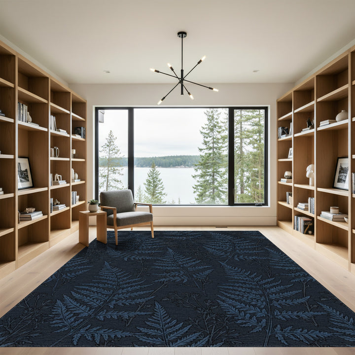 Deep Blue Fern Forest Botanical Rug