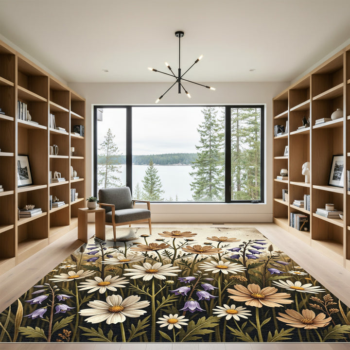 Vintage Tan and White Floral Meadow Rug