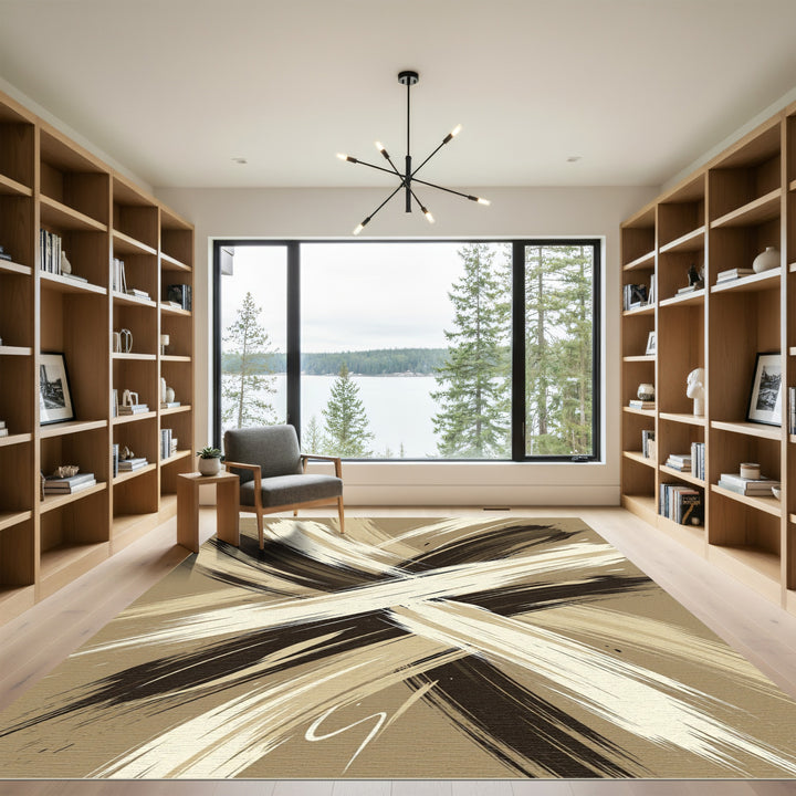 Abstract Brushstroke Beige Brown Rug