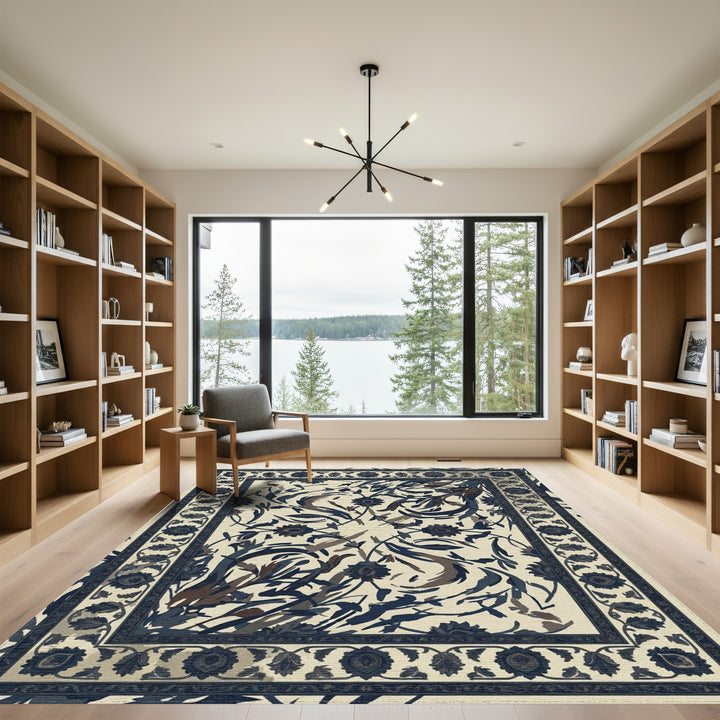 Deep Blue Floral Garden Medallion Rug