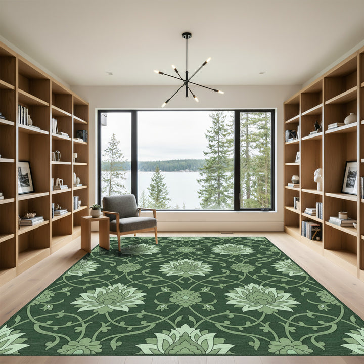 Deep Forest Green Floral Vine Rug