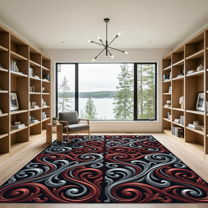 Red Silver Filigree Swirls Rug