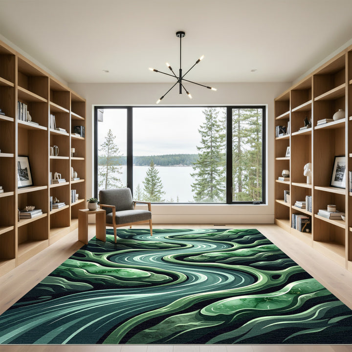 Lush Green River Flow Abstract Rug