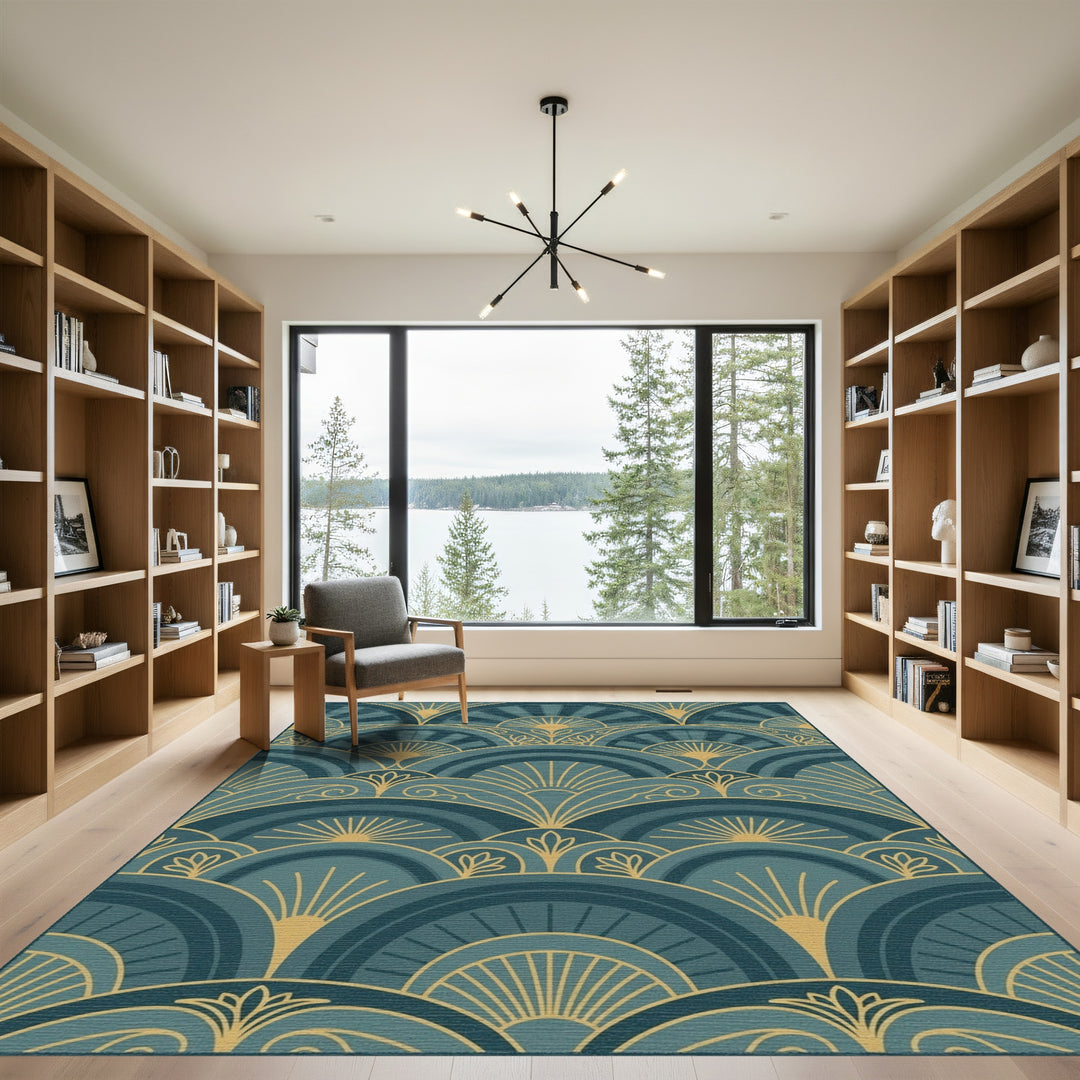 Art Deco Teal Gold Sunburst Waves Rug