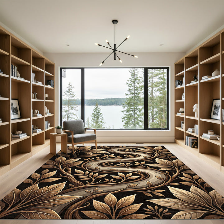 Golden Vine Swirl Leaf Pattern Rug