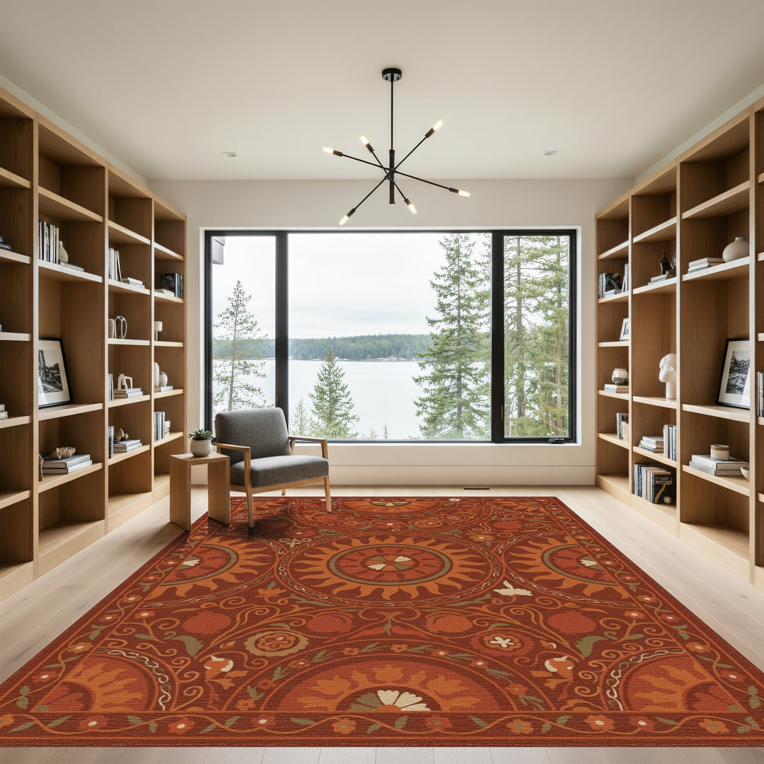 Earthy Red Sun Pomegranate Blooms Rug