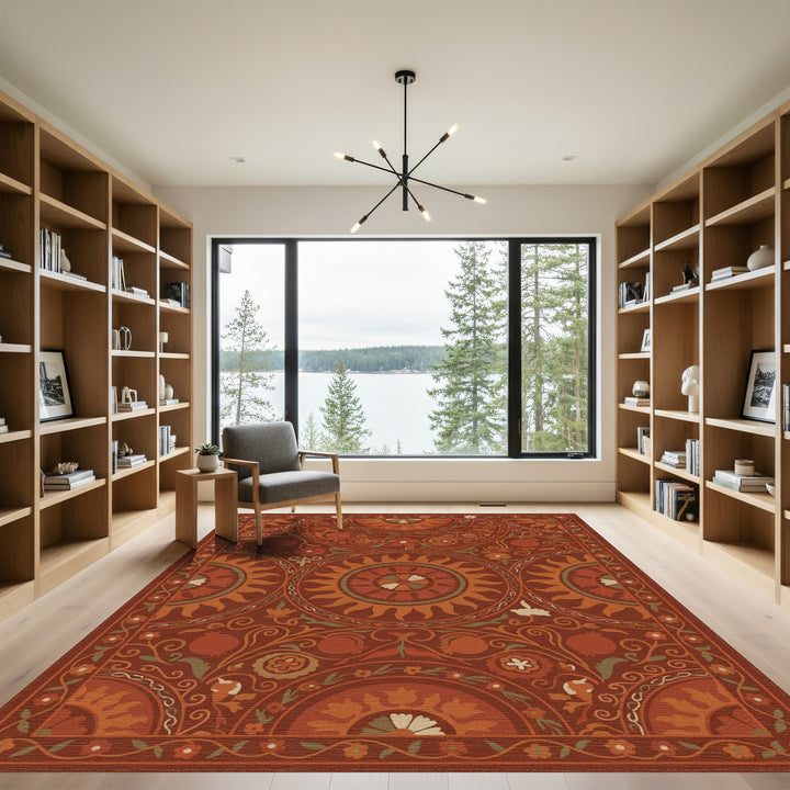 Earthy Red Sun Pomegranate Blooms Rug