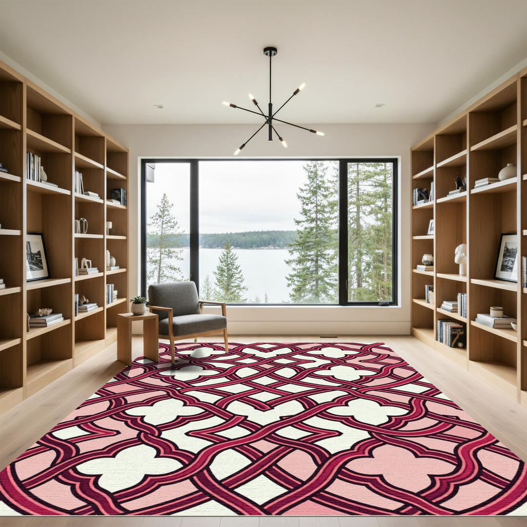 Crimson Interlocking Quatrefoil Lattice Rug