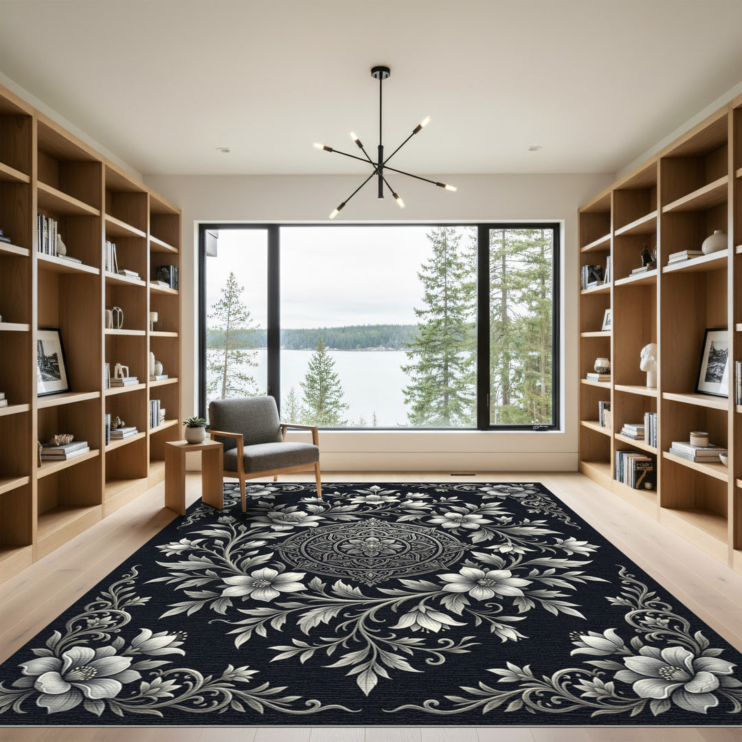 Elegant Silver Floral Medallion Rug