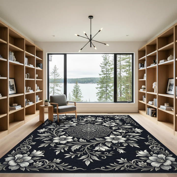 Elegant Silver Floral Medallion Rug