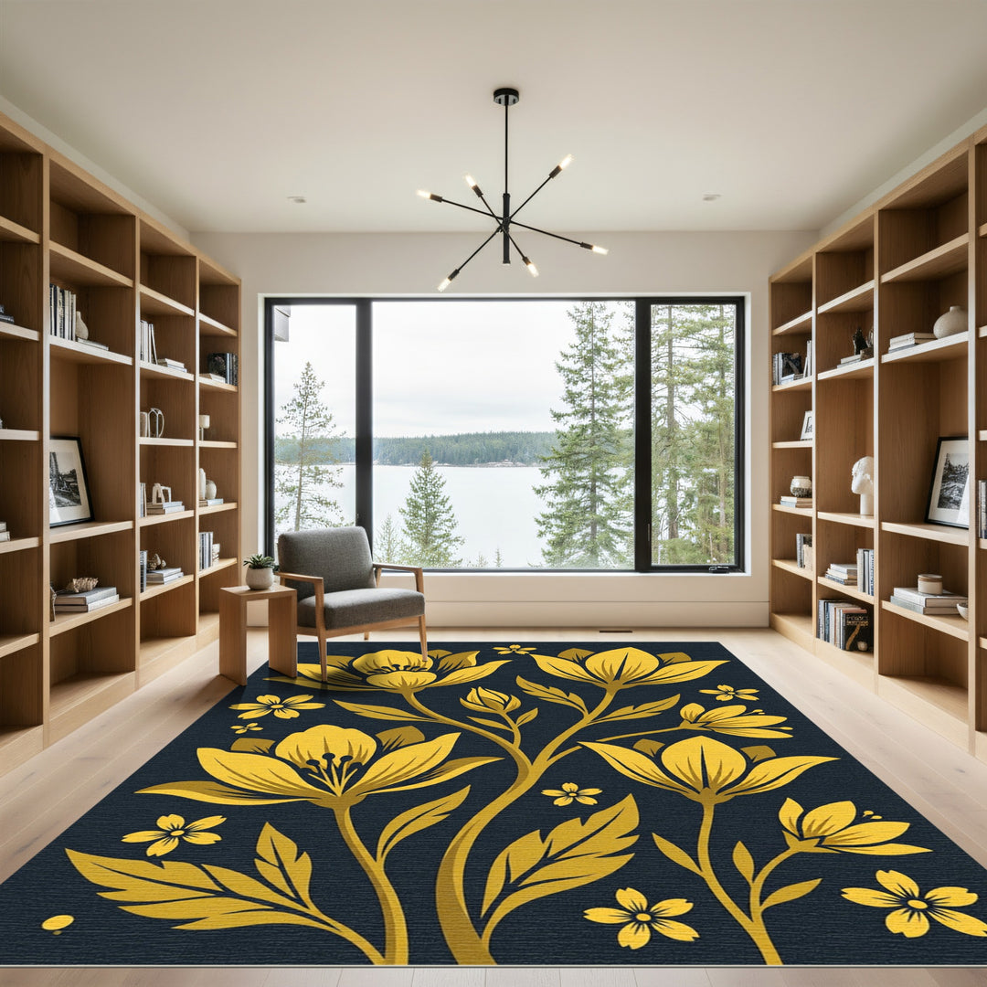 Elegant Gold Floral Botanical Rug