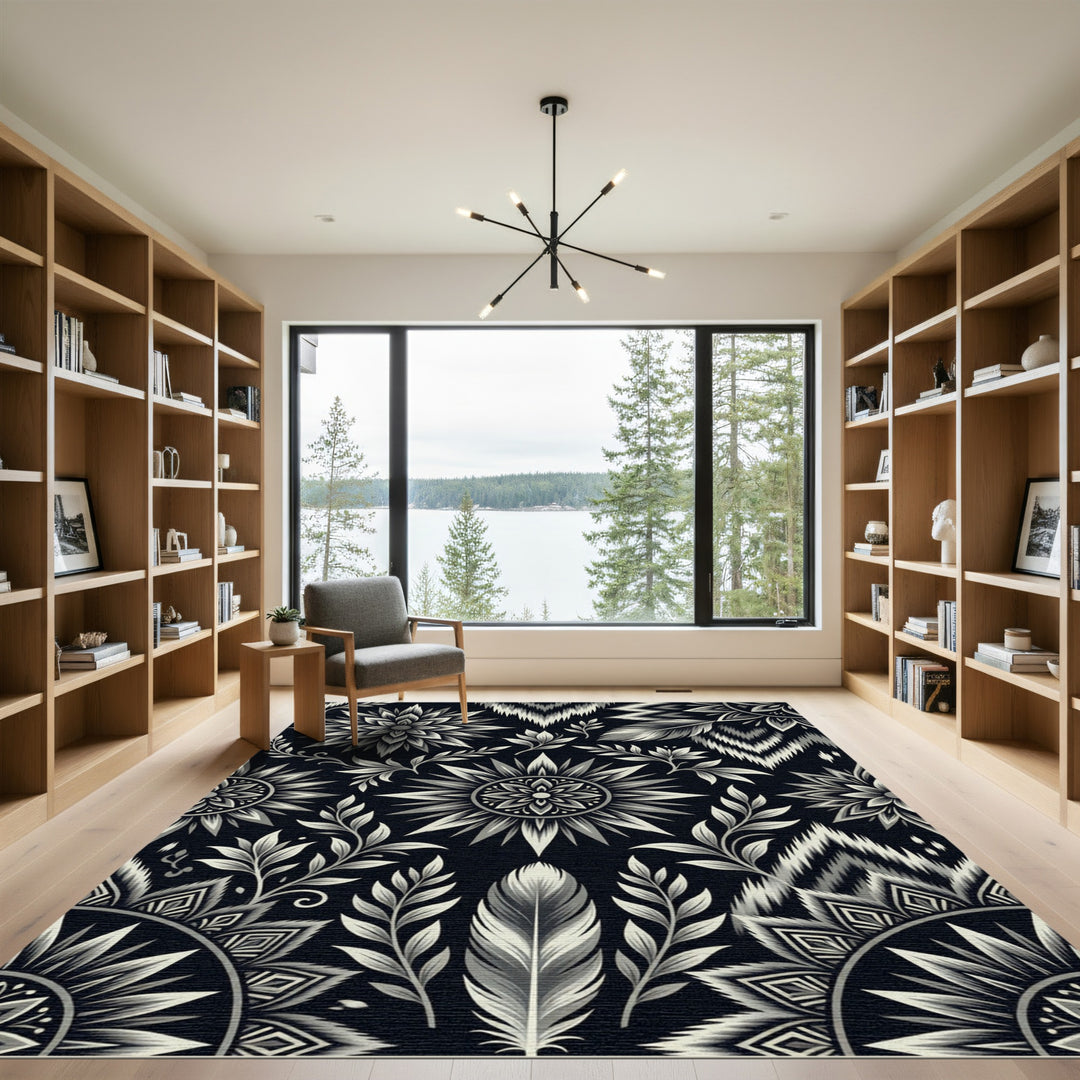 Monochromatic Floral Feather Mandala Rug