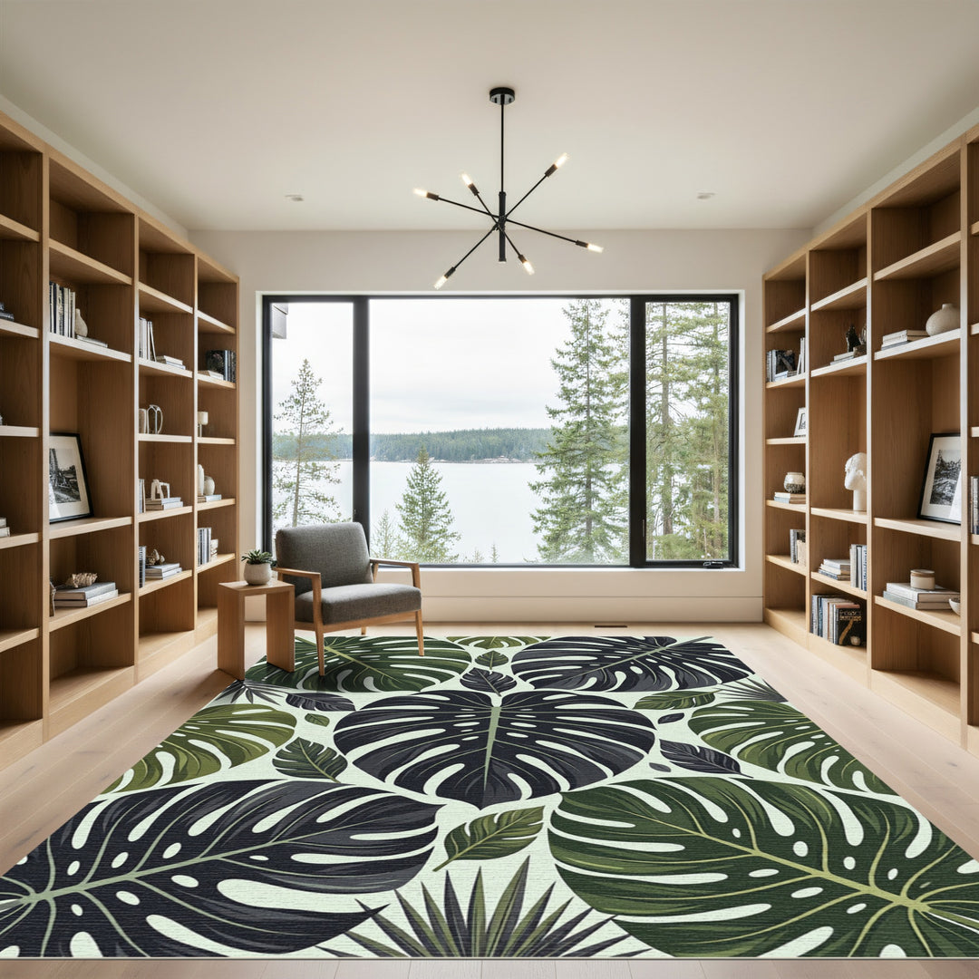 Earthy Deep Green Tropical Foliage Rug