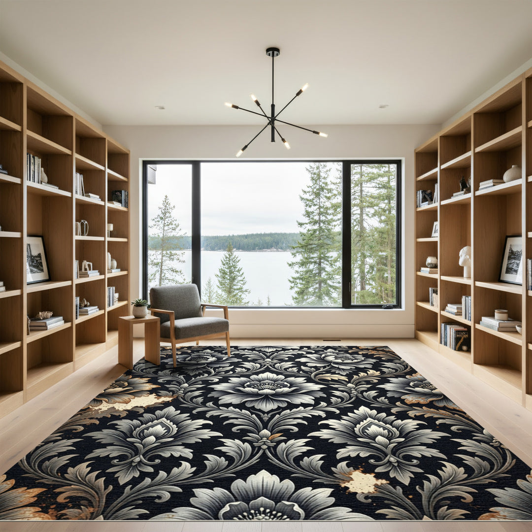 Ornate Black Floral Damask Rug