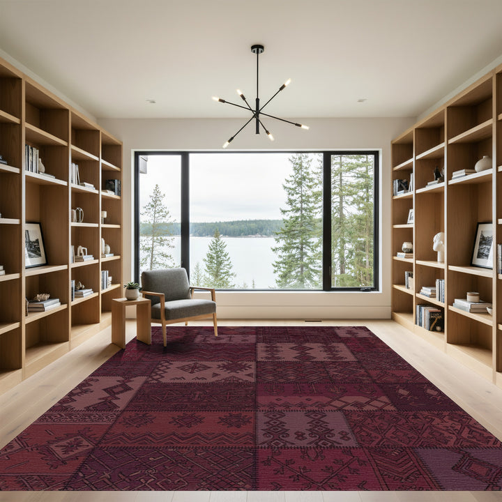 Burgundy Folk Art Patchwork Rug