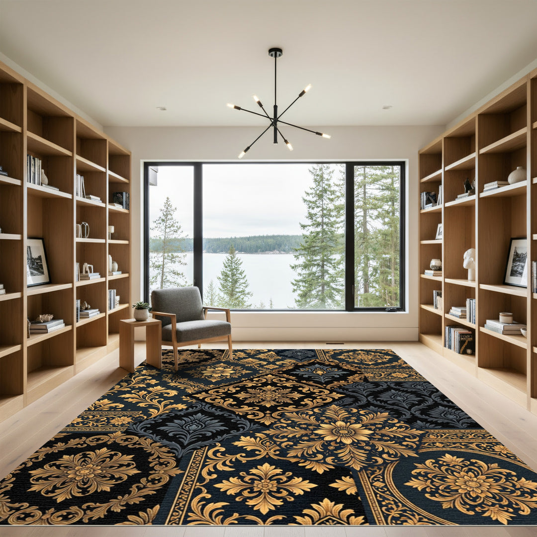 Ornate Gold and Charcoal Damask Collage Rug