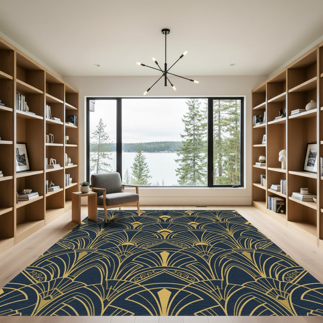 Art Deco Navy Blue Golden Fan Rug