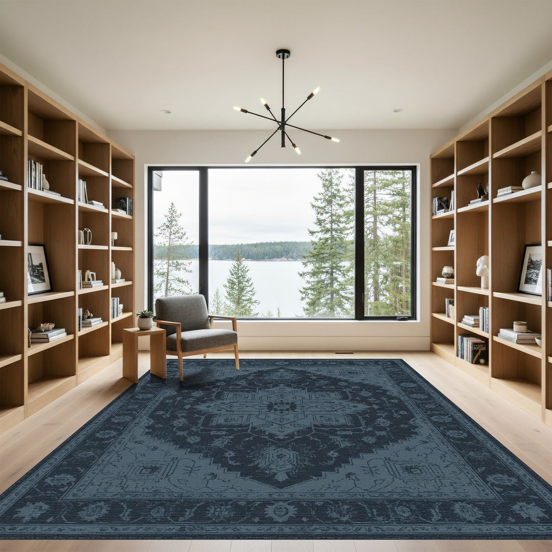 Distressed Navy Blue Medallion Rug