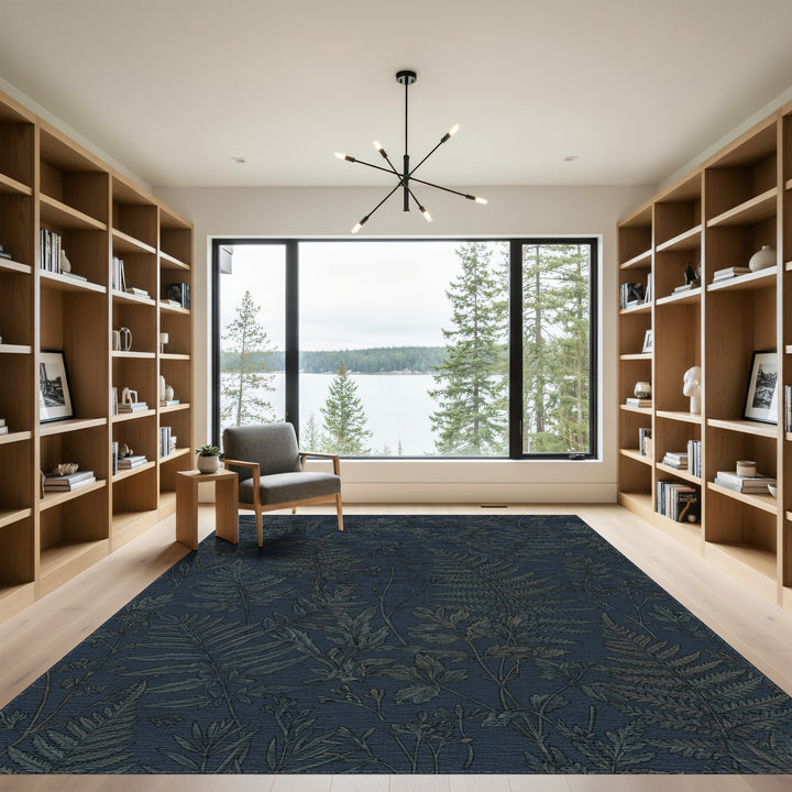 Deep Navy Fern Foliage Silhouette Rug