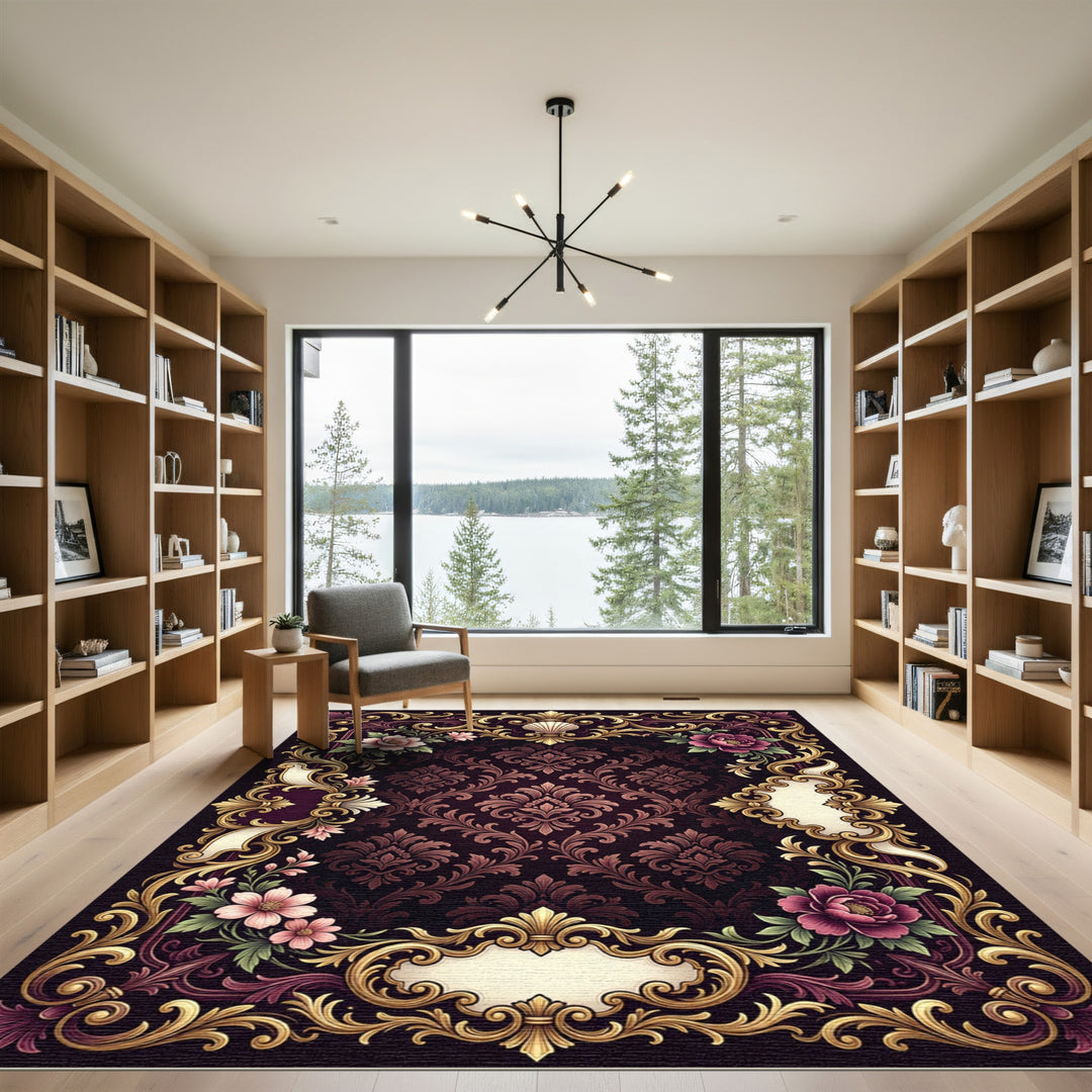 Ornate Crimson Floral Scroll Emblem Rug