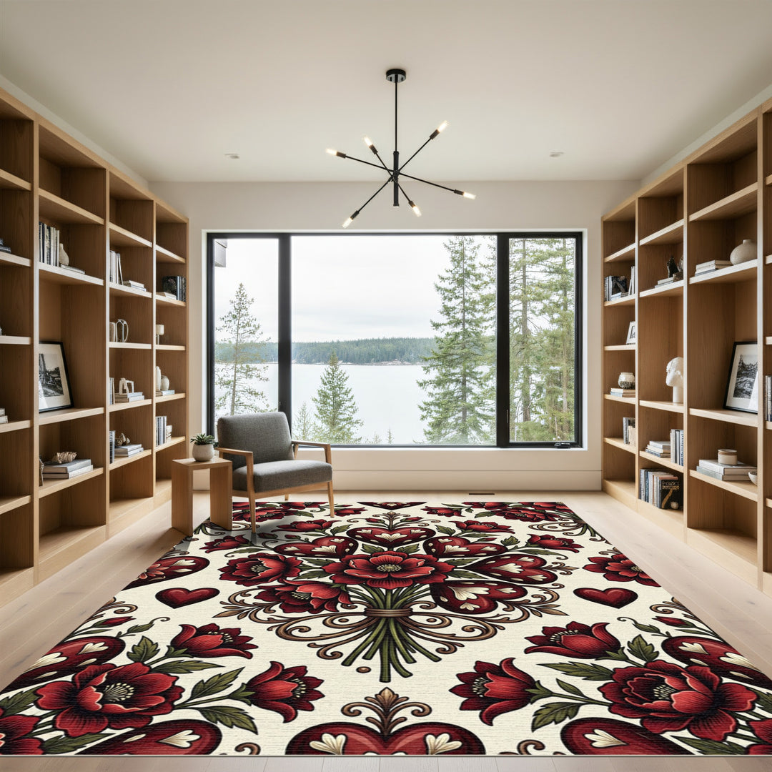 Crimson Heart Floral Bouquet Arrangement Rug
