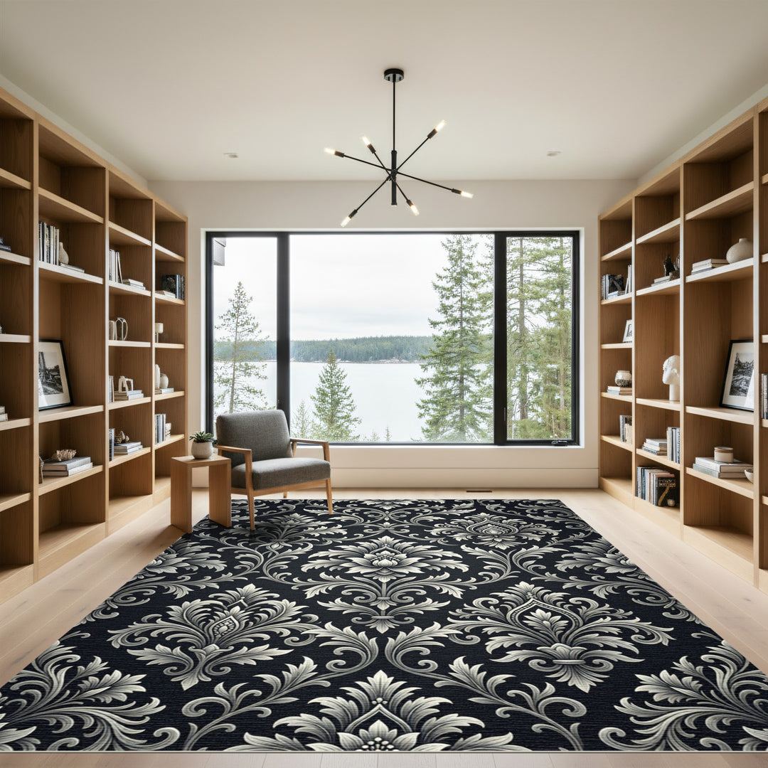 Elegant Black White Damask Scroll Rug