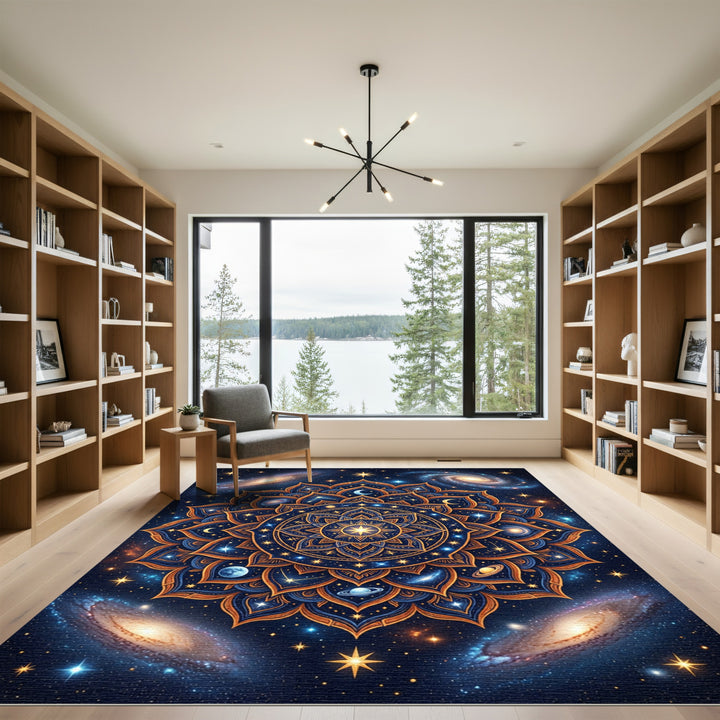 Cosmic Blue Golden Celestial Mandala Rug